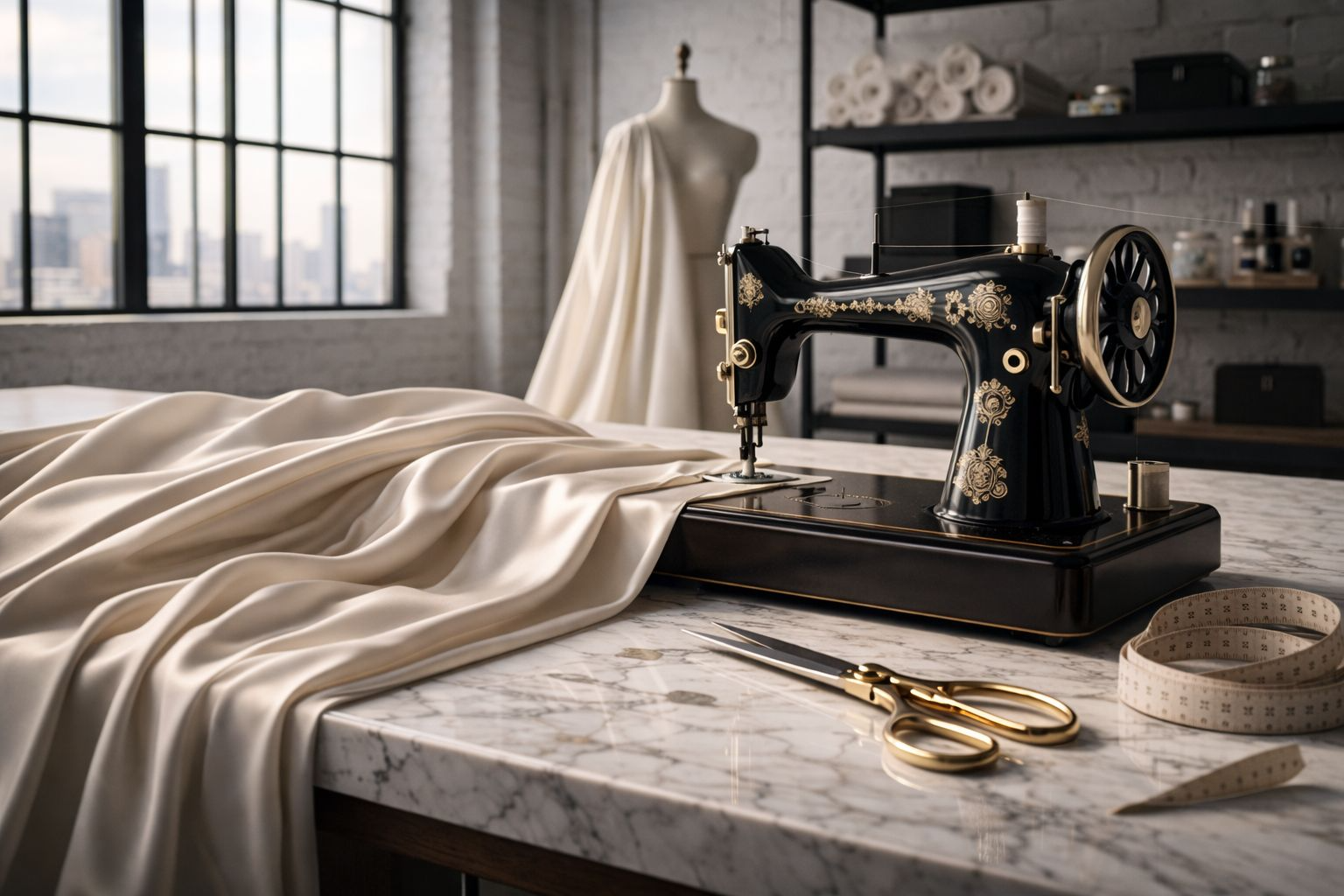 Vintage black-and-gold sewing machine with cream silk on a marble atelier table