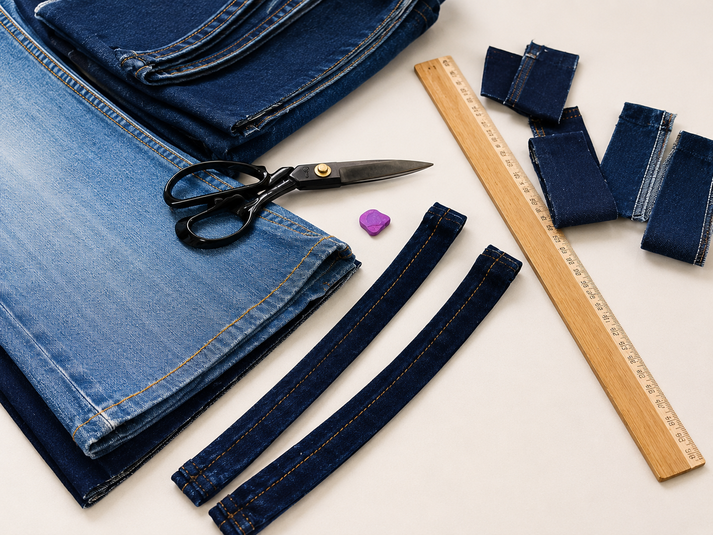 Jeans being hemmed — tailor's scissors, ruler and cut denim strips on the workbench